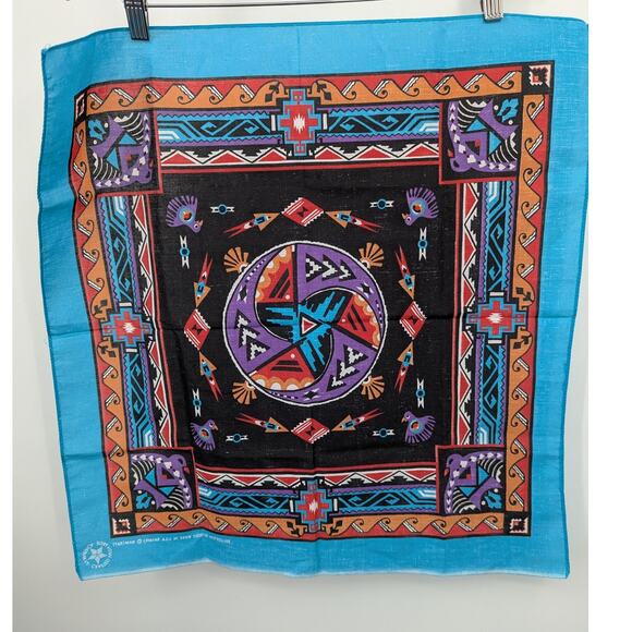 Vintage 1993 Wamcraft Southwest Bandana 22x21.5 Aztec Geometric Turquoise USA - Picture 3 of 4